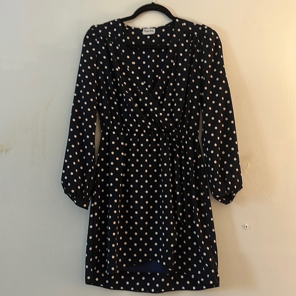 Anthropologie Brigette Bailey navy blue polkadot dress small